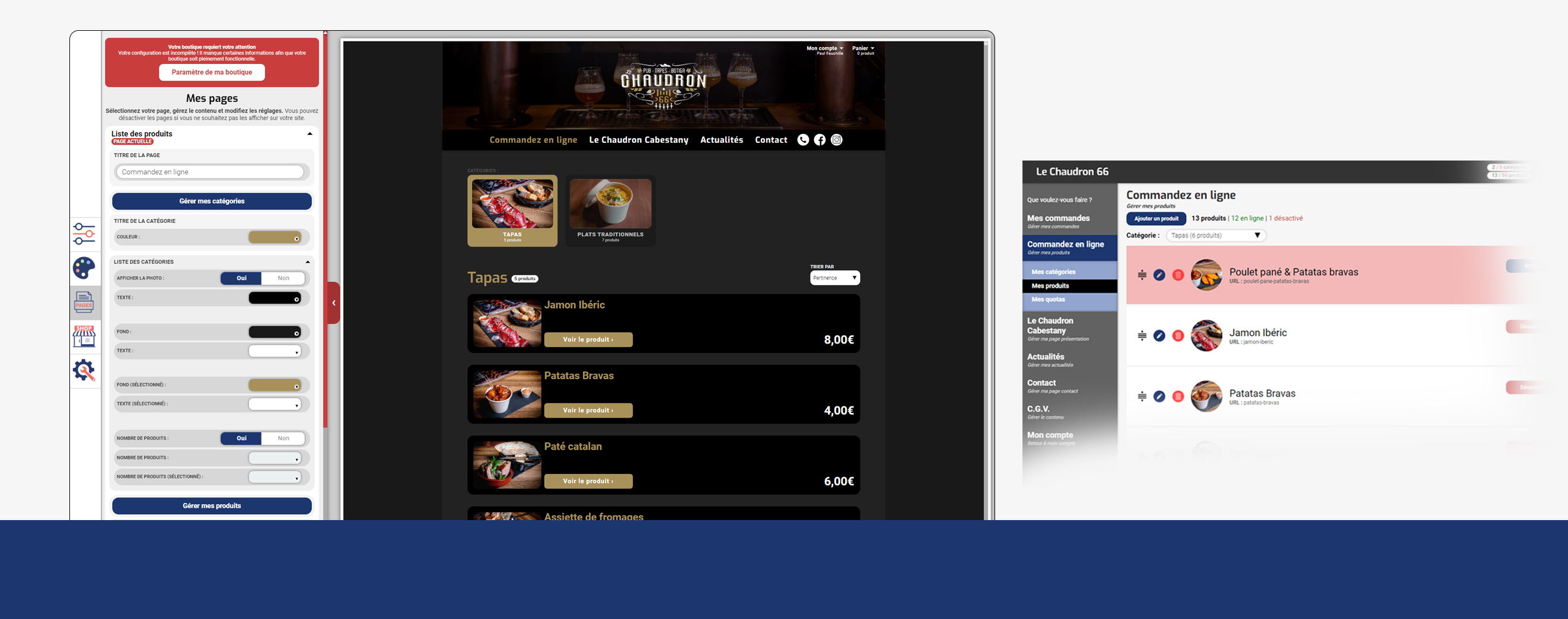 Une capture d'écran affichant l'éditeur PointCollecte et la création d'une boutique en ligne qui vend des tapas et des bières. 